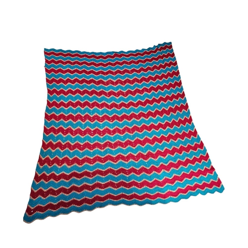Vintage Handmade Afgan Crochet Chevron Blue Red Grandma Granny‎ Blanket 76"X72"